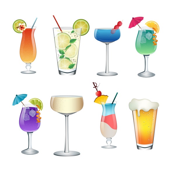 Cocktail, Summer Drinks Clip Art- Set of 8 Colorful PNG, JPG, and Vector Files