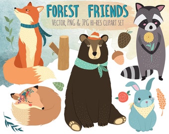 Forest Friends Clipart - Woodland Animals Clip Art - Vector, PNG, & JPG Files - Cute Clipart, Kids Clipart, Woodland Nursery Decor