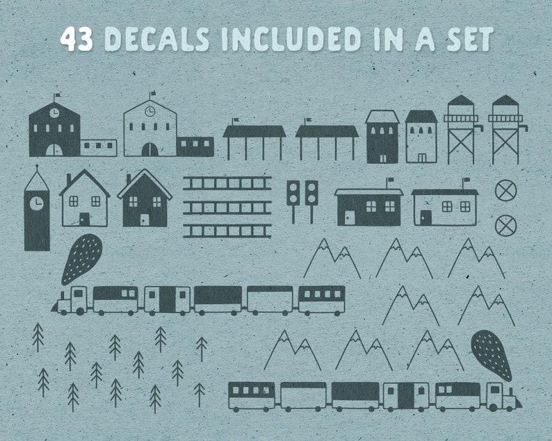 May include: A set of 43 black and white decals featuring a train, houses, mountains, trees, and other train-related imagery. The text "43 DECALS INCLUDED IN A SET" is at the top of the image.