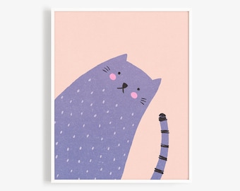 May include: A purple cat with black eyes and a pink nose, with white polka dots on its body, is looking to the right. The cat has a striped tail and is on a light pink background.