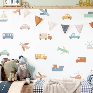 Car, Airplane, and Ship Wall Decals - Nursery Decor, Watercolor Wall Art, Kids Room Decal, Reusable and Removable Wall Stickers