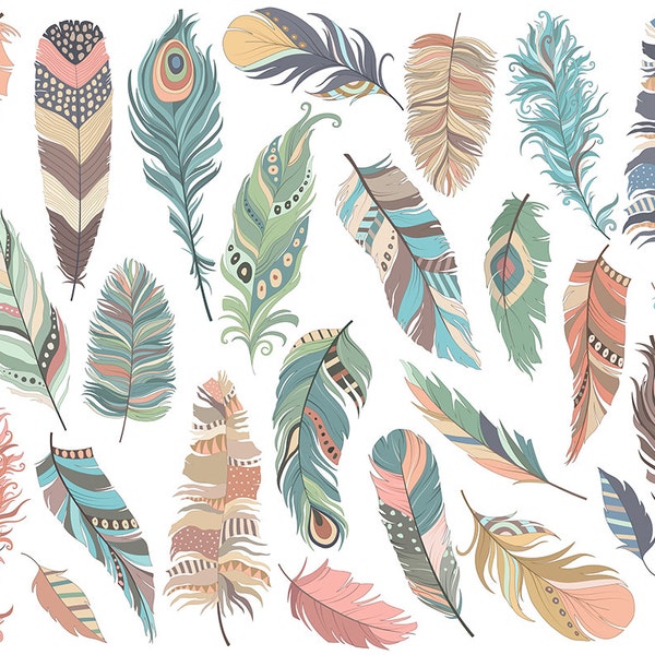 Tribal Feathers Clip Art - Set of 26 300 DPI PNG, JPG and Vector Files - Cute, Hand Drawn Clipart Digital Download