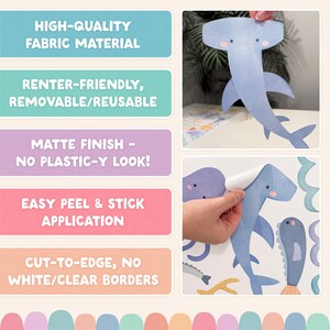May include: A set of adhesive wall decals featuring illustrated sea creatures including a light blue hammerhead shark. The product highlights include high-quality fabric material, renter-friendly removable design, matte finish, easy peel and stick application, and cut-to-edge borders without white outlines.