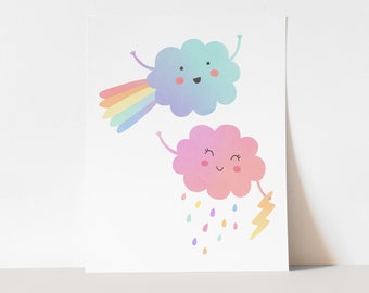 Watercolor Clouds Art Print - Digital Nursery Print, Printable Wall Art, Rainbow Kids Room Art