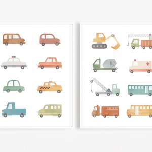 Car and Truck Print Set - Kids Room Wall Art, Nursery Wall Decor, Boy's Room Construction Truck Art Print