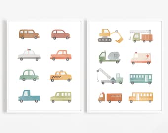 May include: Two watercolor prints featuring various vehicles. The first print shows a collection of cars, including a police car, a taxi, a school bus, and a pickup truck. The second print features construction vehicles, such as a cement mixer, an ambulance, a crane, and a school bus.
