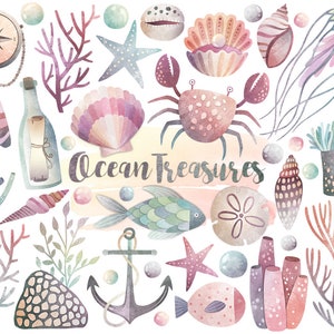 Watercolor Ocean Clipart - Watercolor Clipart, Beach Clipart, Ocean Clip Art, Digital Watercolor Printables, Seashell & Sea Life Clip Art