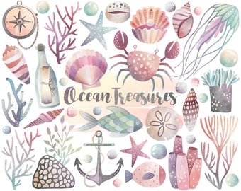 Watercolor Ocean Clipart - Watercolor Clipart, Beach Clipart, Ocean Clip Art, Digital Watercolor Printables, Seashell & Sea Life Clip Art