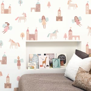 Väggdekaler med älvor och enhörningar - Barnrumsdekor, akvarell väggkonst, barnrumsdekor, återanvändbara och avtagbara väggdekaler