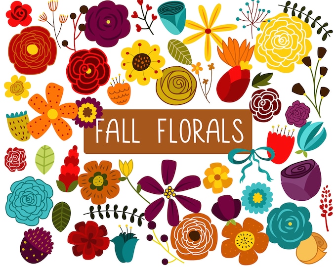 Vintage/Retro Autumn Floral Design Elements Clip Art - Set of 52 300 DPI PNG, JPG and Vector Files Digital Download