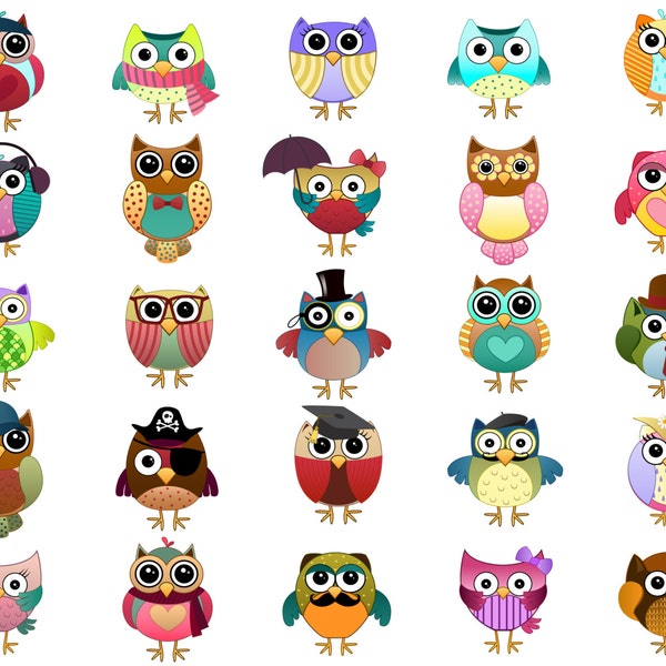 Cute Owl Characters Clip Art - Set of 25 Hand Drawn 300 DPI JPG, PNG and Vector Files - Kids, Teacher, Adorable Clipart Digital Download