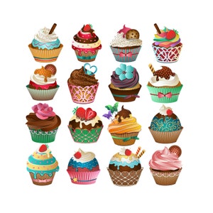 Cute Cupcake ClipArt- Set of 16 PNG, JPG and Vector Cupcakes