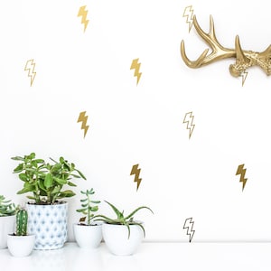May include: A white wall with gold lightning bolt decals and a gold antler wall decor.  There are five potted plants on a white shelf in front of the wall.