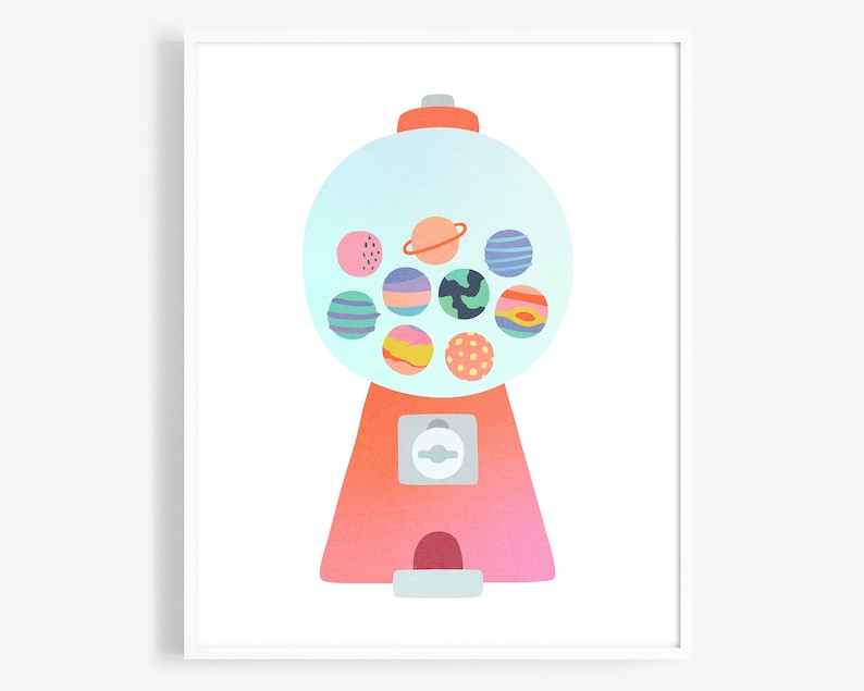 May include: A pastel pink and orange gumball machine with a clear globe filled with colorful gumballs that resemble planets. The gumballs have different patterns and colors, including blue, green, pink, orange, and yellow.