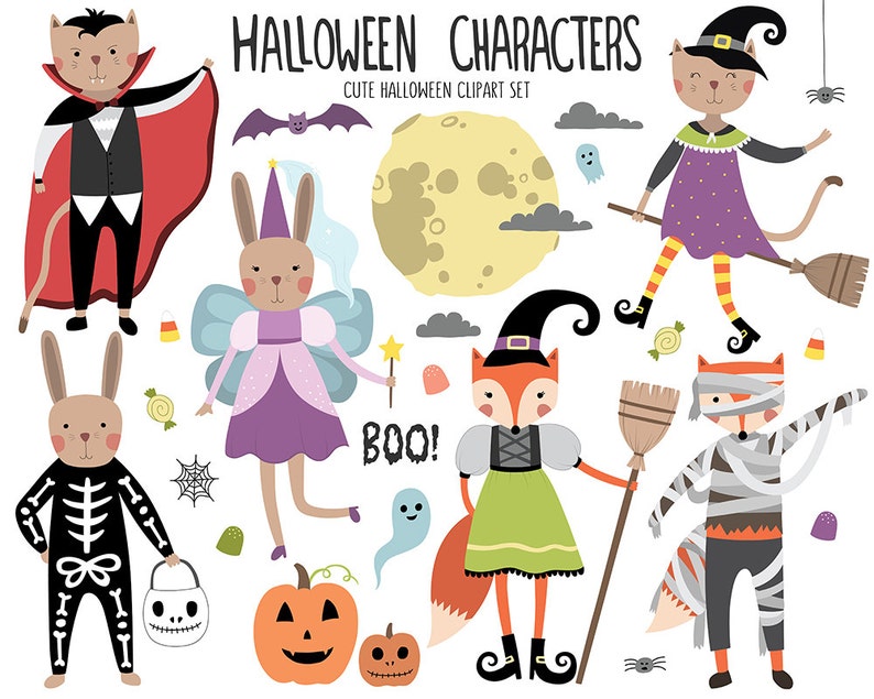 K&ouml;nnte beinhalten: Eine Sammlung niedlicher Halloween-Charakterillustrationen. Enth&auml;lt eine Katze als Vampir, eine Hexenkatze auf einem Besen, ein Kaninchen im Skelettkost&uuml;m, ein Feenkaninchen, eine Fuchshexe und eine Mumie. Enth&auml;lt auch einen K&uuml;rbis, einen Mond und das Wort "BOO!"