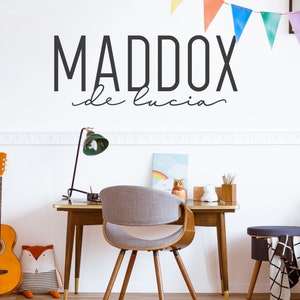 Puede incluir: Una pared blanca con un letrero de nombre en blanco y negro que dice "MADDOX de lucia". La pared est&aacute; decorada con una hilera de banderas de colores. Un escritorio de madera con una silla y una l&aacute;mpara est&aacute; en primer plano. Una guitarra y un animal de peluche est&aacute;n en el suelo.