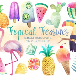 Tropical Clip Art - Watercolor Summer Clipart Set, Vector Clipart, Beach Clipart, Flamingo Clipart, Pineapple Clipart, & More!