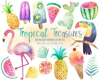Tropical Clip Art - Watercolor Summer Clipart Set, Vector Clipart, Beach Clipart, Flamingo Clipart, Pineapple Clipart, & More!