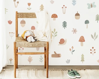 Waldpilz-Wandaufkleber - abnehmbare, wiederverwendbare Wandaufkleber - Waldkinderzimmer-Wanddekor, Kinderzimmer-Kunst, Waldbotanisches Wandaufkleber