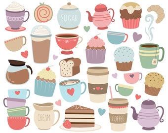 Coffee and Tea Clipart - Set of 33 High Quality Vector, PNG & JPG Files - Cute Trendy Food and Drink Clip Art