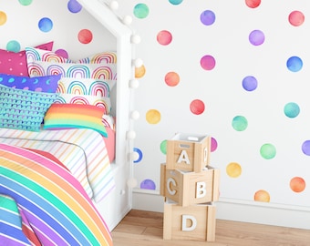 Watercolor Rainbow Polka Dot Decals - Removable, Reusable Wall Stickers - Nursery Decor, Kids Room Wall Art