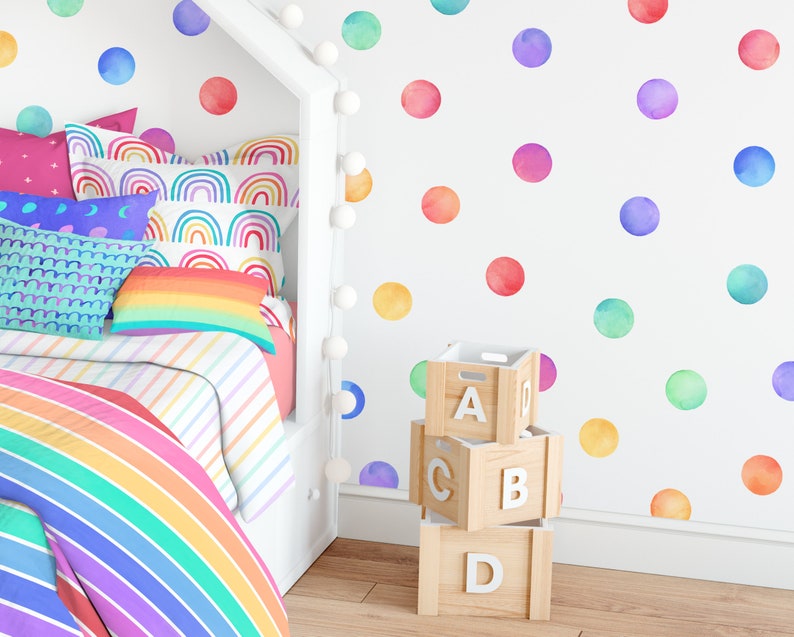 Watercolor Rainbow Polka Dot Decals Removable, Reusable Wall Stickers Nursery Decor, Kids Room Wall Art image 1