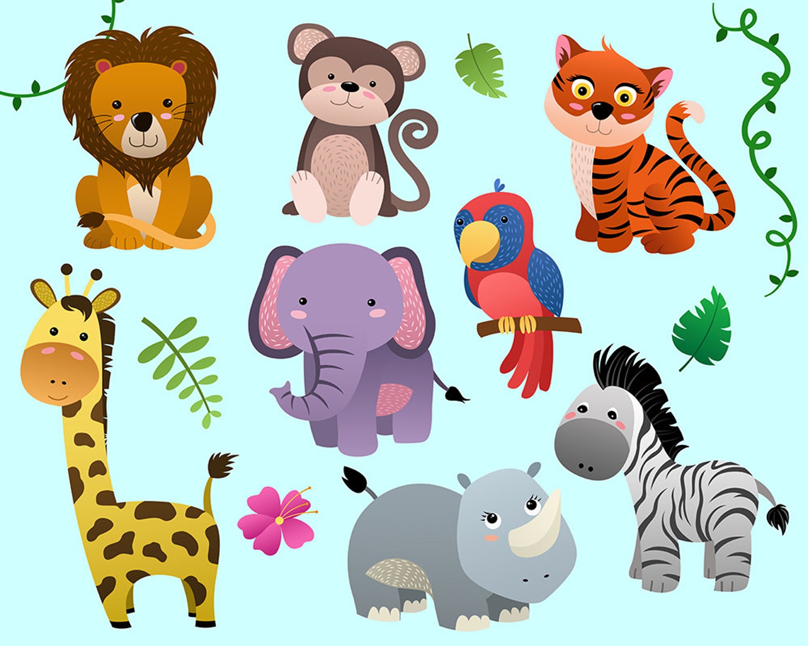 Cute Jungle Animals Clip Art Set of 14 PNG JPG and Vector Etsy