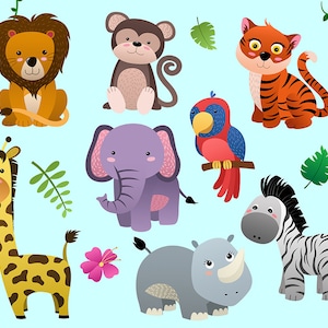 Cute Jungle Animals Clip Art - Set of 14 PNG, JPG, and Vector Files - Design Elements, Digital Clipart Download, Kid's Decorations