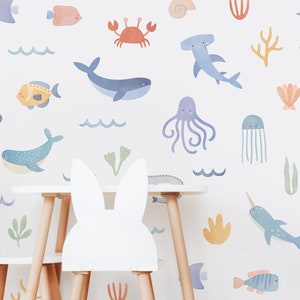 Ozeantier Wandtattoo - Abnehmbare, wiederverwendbare Wandaufkleber - Aquarell Sea Life Kinderzimmer Dekor, Kinderzimmer Wandkunst, Strand Kinderzimmer Dekor