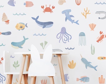 Ocean Animal Wall Decals - Removable, Reusable Wall Stickers - Watercolor Sea Life Nursery Decor, Kids Room Wall Art, Beach Nursery Decor