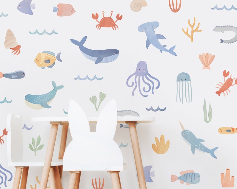 Ocean Animal Wall Decals Removable, Reusable Wall Stickers Watercolor Sea Life Nursery Decor, Kids Room Wall Art, Beach Nursery Decor image 1
