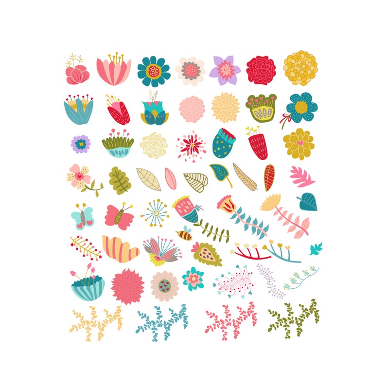 Cute Vintage Flowers Clip Art Set of 56 JPG, PNG and Vector Floral Elements image 2