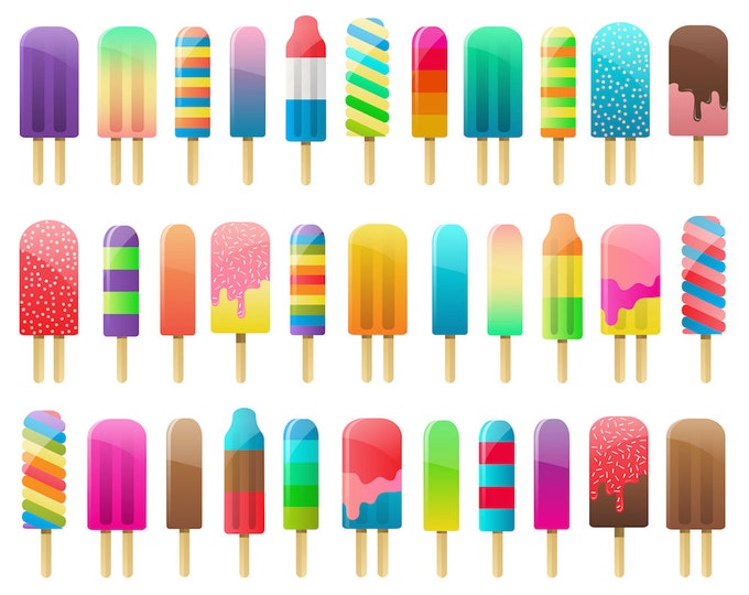Popsicles and Ice Cream Clipart - Set of 33 Vector, PNG & JPG Files - Colorful Summer Treats and Sweets Clip Art Pack