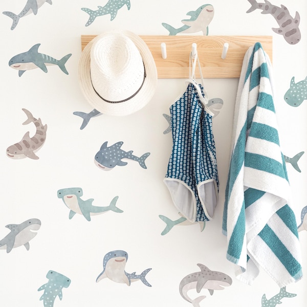 Shark Wall Decals - Removable, Reusable Wall Stickers - Sea Life Nursery Decor, Kids Room Ocean Animal Wall Art, Beach Nursery Decor