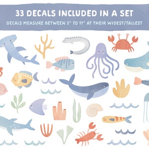 Ocean Animal Wall Decals Removable, Reusable Wall Stickers Watercolor Sea Life Nursery Decor, Kids Room Wall Art, Beach Nursery Decor image 2