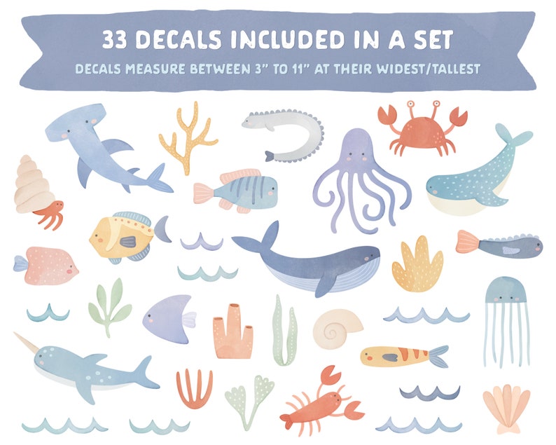 Ocean Animal Wall Decals Removable, Reusable Wall Stickers Watercolor Sea Life Nursery Decor, Kids Room Wall Art, Beach Nursery Decor image 2