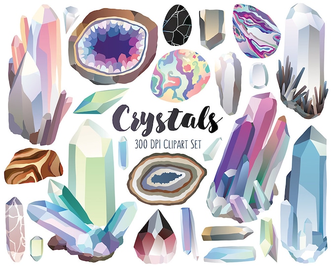 Crystal Clipart - Gems, Diamonds, Crystals & Stones Clip Art Set - 300 DPI Digital Download, Commercial Use, Digital Clipart