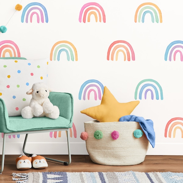 Calcomanías de pared de arco iris de acuarela - Decoración de vivero de arco iris, pegatinas de pared reutilizables, arte de pared de habitación para niños