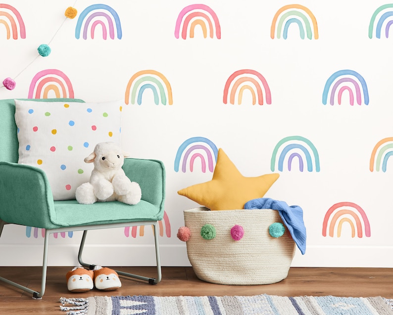 Watercolor Rainbow Wall Decals Rainbow Nursery Decor, Reusable Wall Stickers, Kids Room Wall Art image 1