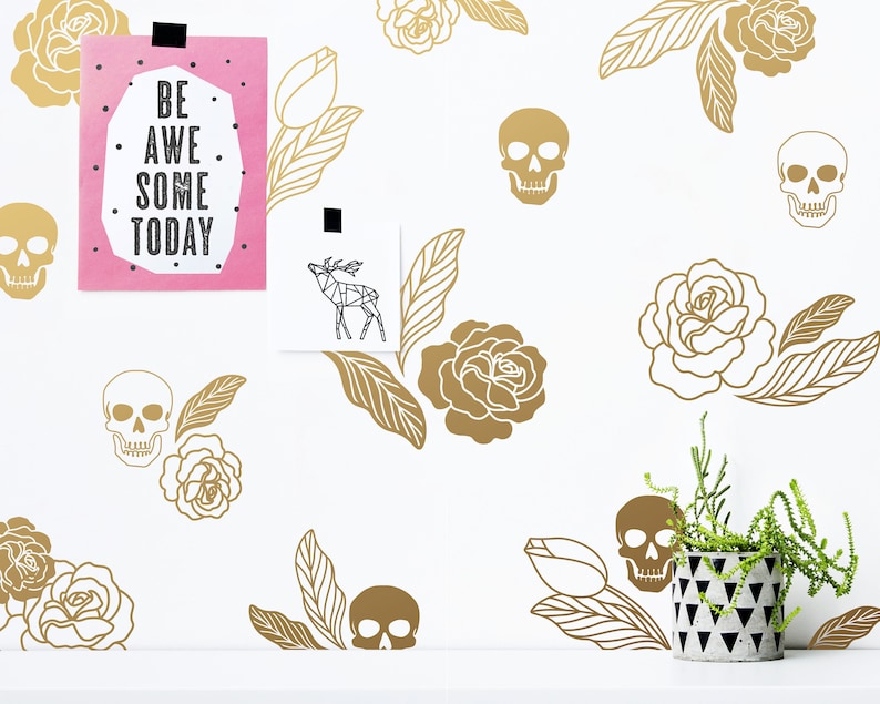Skulls and Roses Wall Decals Halloween Decor Modern Vinyl Etsy