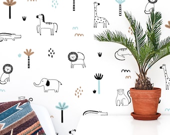 Jungle Animal Wall Decals - Safari Nursery Wall Art, Jungle Nursery Decor, Kids Room Wall Stickers, Tropical Jungle Wallpaper