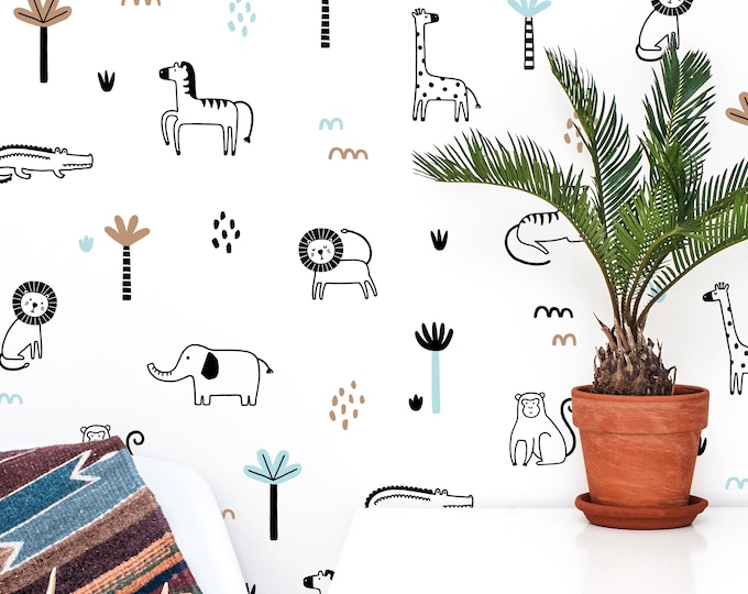 Jungle Animal Wall Decals - Safari Nursery Wall Art, Jungle Nursery Decor, Kids Room Wall Stickers, Tropical Jungle Wallpaper
