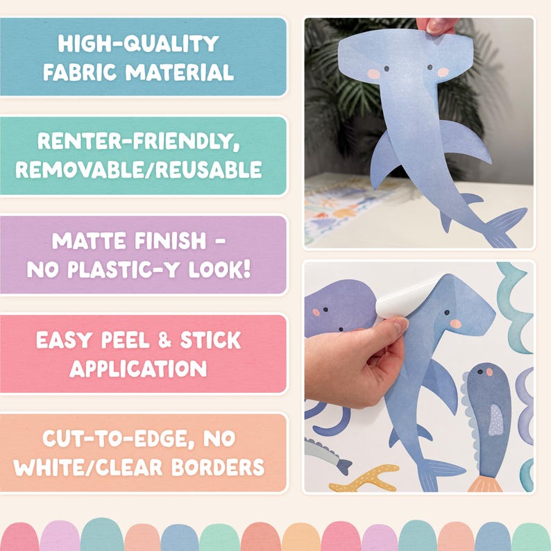 Puede incluir: Un conjunto de adhesivos de pared con ilustraciones de tiburones martillo azules y vida marina. Las caracter&iacute;sticas incluyen material de tela de alta calidad, dise&ntilde;o removible y reutilizable, acabado mate, aplicaci&oacute;n f&aacute;cil de despegar y pegar, y bordes cortados sin bordes blancos o transparentes.