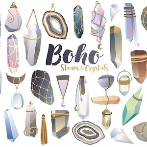 Boho Crystals Clipart - Unique Crystal Clip Art, Stones and Minerals Digital Print, Boho Style, Vector Clipart Download
