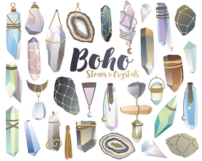Boho Crystals Clipart - Unique Crystal Clip Art, Stones and Minerals Digital Print, Boho Style, Vector Clipart Download