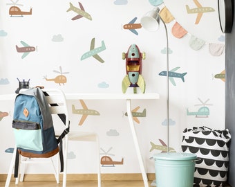 Airplane Wall Decals - Nursery Decor, Watercolor Plan and Helicopter Wall Art, Kids Room Decal, Reusable and Removable Wall Stickers