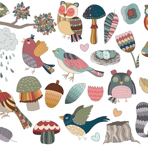 May include: A colorful illustration featuring a variety of woodland creatures and objects, including owls, birds, mushrooms, acorns, and a squirrel. The illustration is done in a whimsical style with bright colors and intricate details.