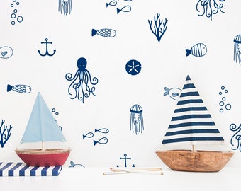 Sea Life Wall Decals - Nautical Decals, Nursery Decals, Ocean Decals, Cute Nautical Decor, Kids Room Wall Stickers