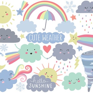 Weather Clipart - Imágenes prediseñadas lindas, imágenes prediseñadas de la nube, imágenes prediseñadas de primavera, Kawaii Clipart Set, adorable digital Clip Art!
