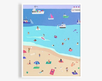 Puede incluir: Una ilustración colorida de una escena de playa con gente nadando, tomando el sol y jugando al voleibol. Hay barcos y buques en el agua azul, y una playa de arena con palmeras y sombrillas.